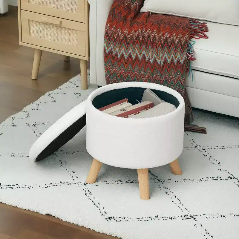 Pouf Ottomano Rotondo con Contenitore, Poggiapiedi Imbottito in Lino con Seduta Imbottita, Spazio Nascosto e Gambe in Legno