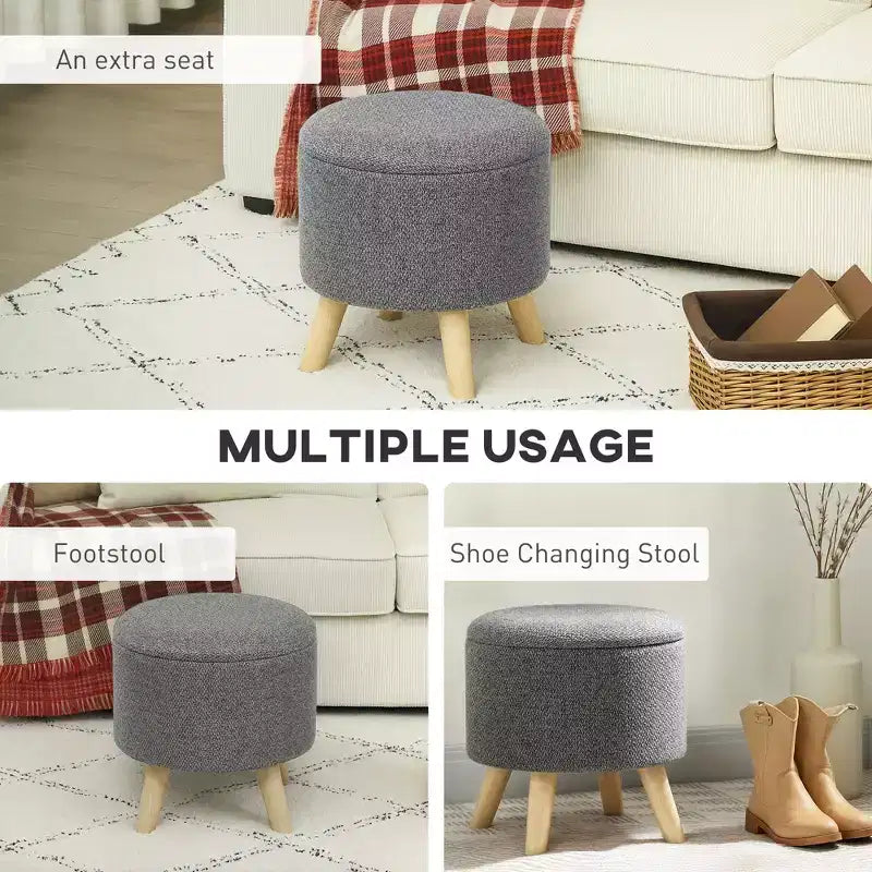 Pouf Ottomano Rotondo con Contenitore, Poggiapiedi Imbottito in Lino con Seduta Imbottita, Spazio Nascosto e Gambe in Legno