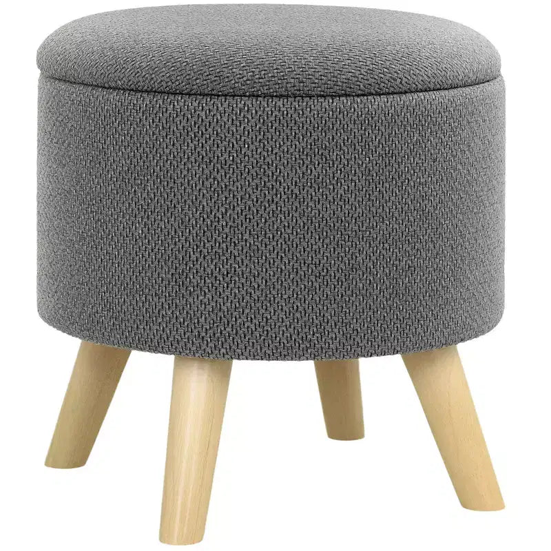 Round Ottoman Stool with Storage, Linen Upholstered Foot Stool with Padded Seat, Hidden Space and Wood Legs