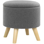 Round Ottoman Stool with Storage, Linen Upholstered Foot Stool with Padded Seat, Hidden Space and Wood Legs