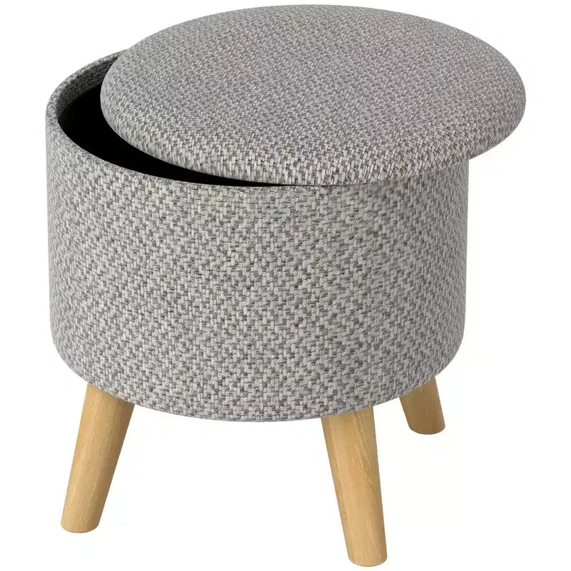 Pouf Ottomano Rotondo con Contenitore, Poggiapiedi Imbottito in Lino con Seduta Imbottita, Spazio Nascosto e Gambe in Legno