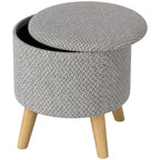 Pouf Ottomano Rotondo con Contenitore, Poggiapiedi Imbottito in Lino con Seduta Imbottita, Spazio Nascosto e Gambe in Legno