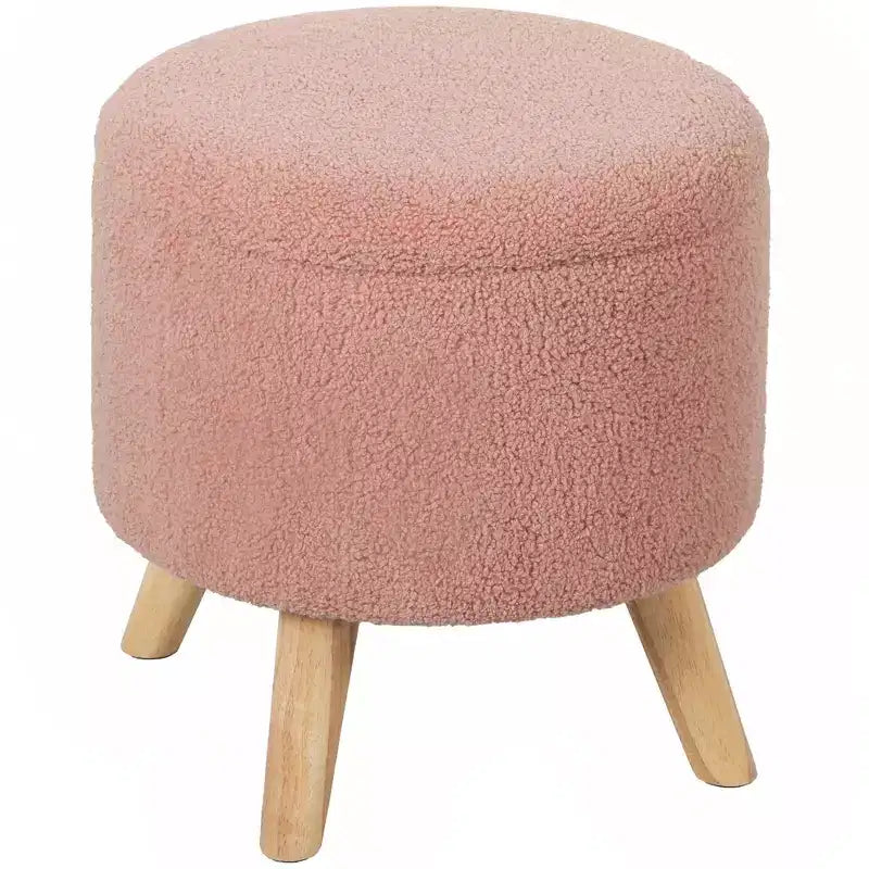 Pouf Ottomano Rotondo con Contenitore, Poggiapiedi Imbottito in Lino con Seduta Imbottita, Spazio Nascosto e Gambe in Legno