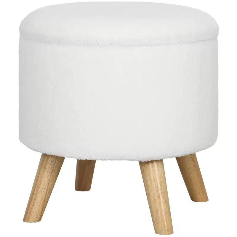 Pouf Ottomano Rotondo con Contenitore, Poggiapiedi Imbottito in Lino con Seduta Imbottita, Spazio Nascosto e Gambe in Legno