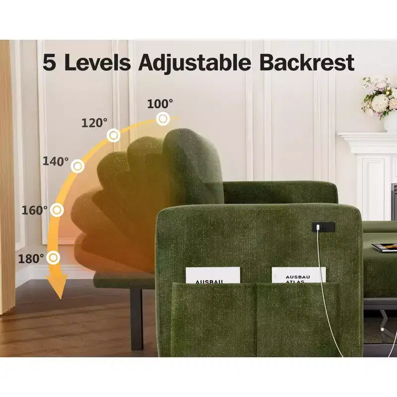 Divano letto angolare a L Dyonery 81, divano sezionale in ciniglia con letto estraibile, schienale reclinabile, chaise longue con contenitore, porte USB