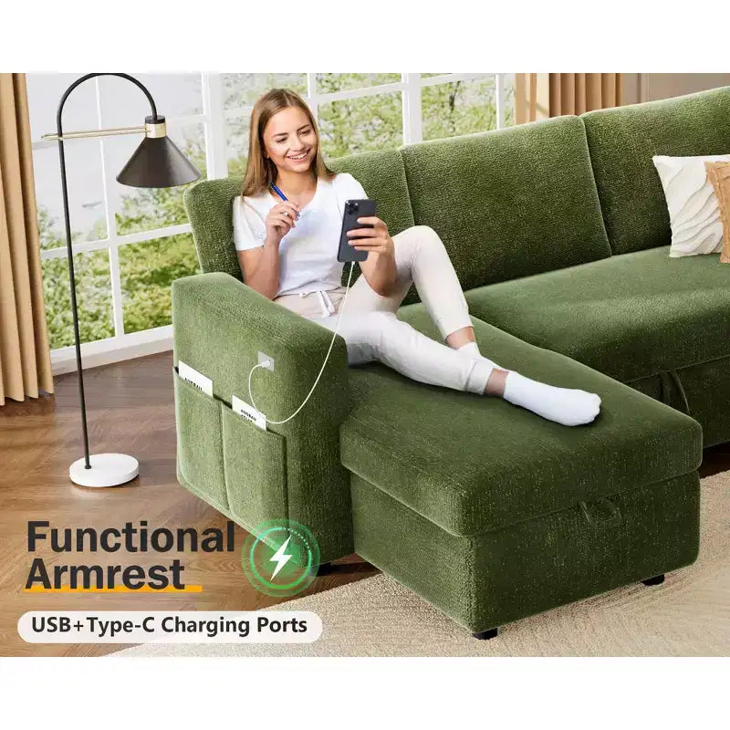 Divano letto angolare a L Dyonery 81, divano sezionale in ciniglia con letto estraibile, schienale reclinabile, chaise longue con contenitore, porte USB