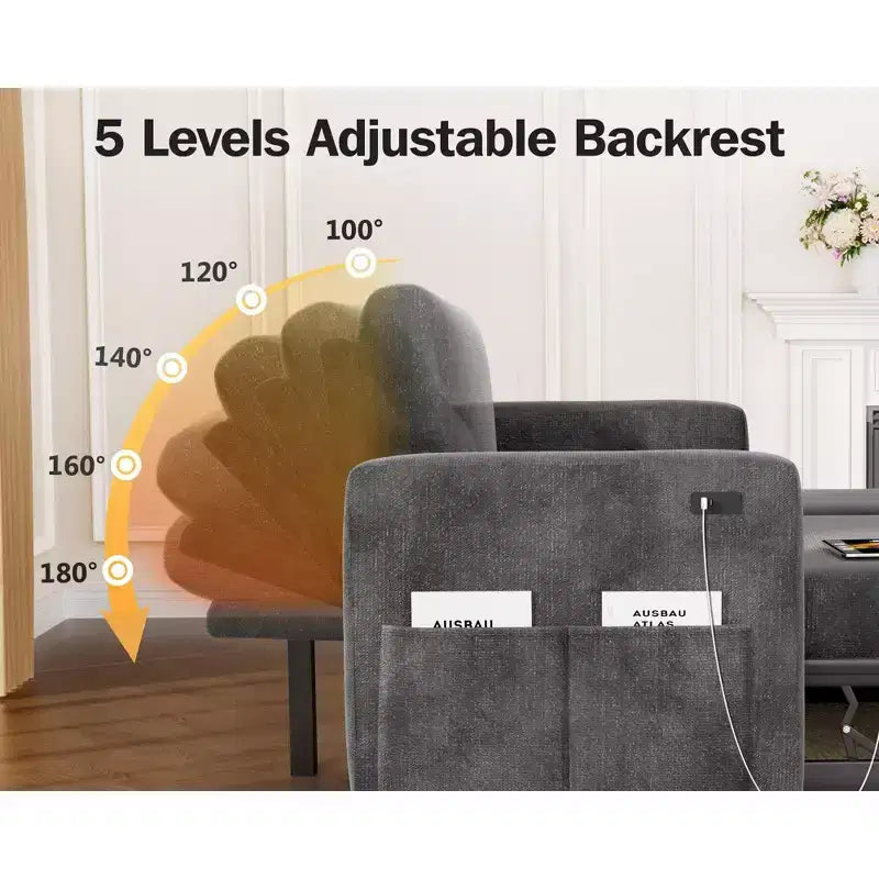 Divano letto angolare a L Dyonery 81, divano sezionale in ciniglia con letto estraibile, schienale reclinabile, chaise longue con contenitore, porte USB