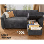 Divano letto angolare a L Dyonery 81, divano sezionale in ciniglia con letto estraibile, schienale reclinabile, chaise longue con contenitore, porte USB