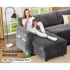 Divano letto angolare a L Dyonery 81, divano sezionale in ciniglia con letto estraibile, schienale reclinabile, chaise longue con contenitore, porte USB