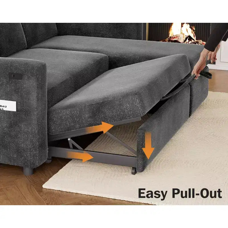 Divano letto angolare a L Dyonery 81, divano sezionale in ciniglia con letto estraibile, schienale reclinabile, chaise longue con contenitore, porte USB