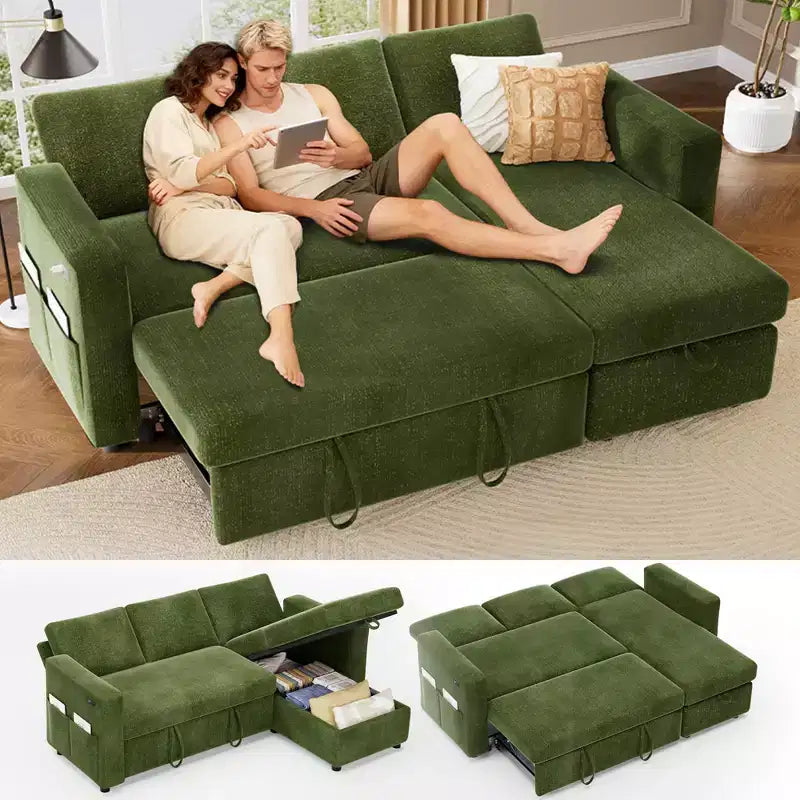 Divano letto angolare a L Dyonery 81, divano sezionale in ciniglia con letto estraibile, schienale reclinabile, chaise longue con contenitore, porte USB