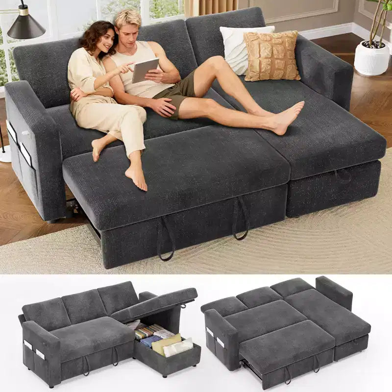 Divano letto angolare a L Dyonery 81, divano sezionale in ciniglia con letto estraibile, schienale reclinabile, chaise longue con contenitore, porte USB