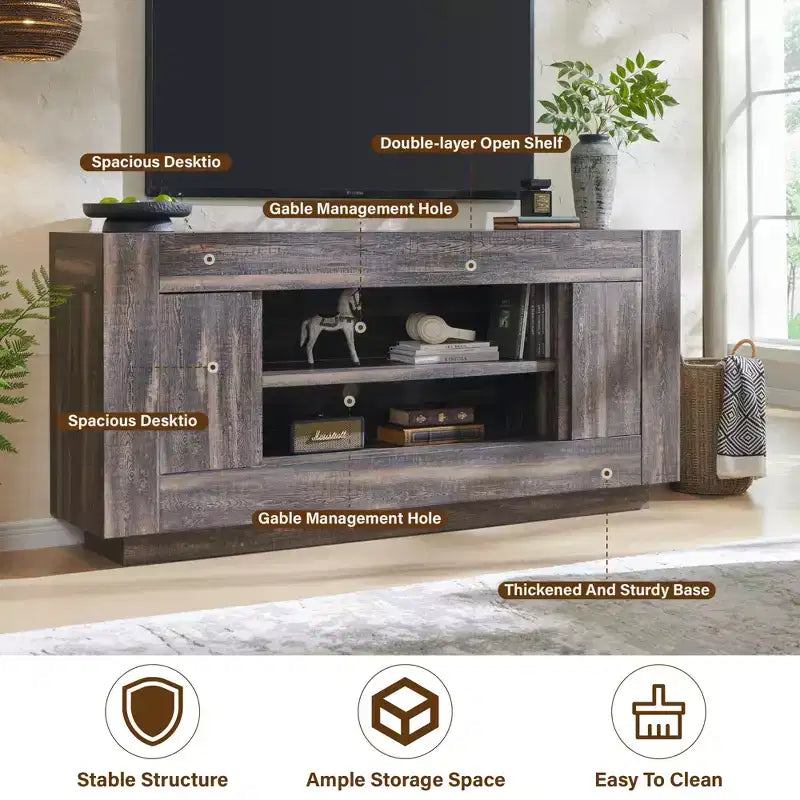 Mobile TV moderno da 70 pollici, centro di intrattenimento per TV fino a 80 pollici, console multimediale con ripiani aperti e armadietti laterali, console TV in legno spesso