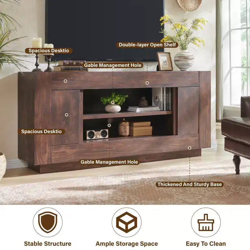 Mobile TV moderno da 70 pollici, centro di intrattenimento per TV fino a 80 pollici, console multimediale con ripiani aperti e armadietti laterali, console TV in legno spesso