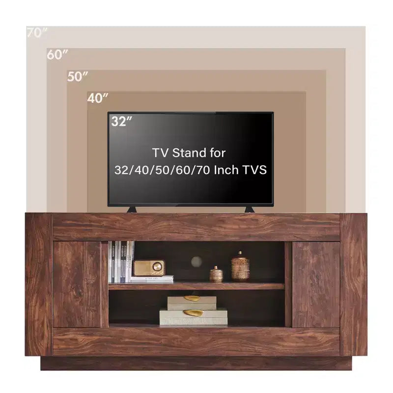 Mobile TV moderno da 70 pollici, centro di intrattenimento per TV fino a 80 pollici, console multimediale con ripiani aperti e armadietti laterali, console TV in legno spesso