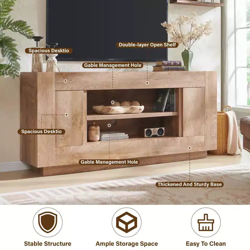 Mobile TV moderno da 70 pollici, centro di intrattenimento per TV fino a 80 pollici, console multimediale con ripiani aperti e armadietti laterali, console TV in legno spesso