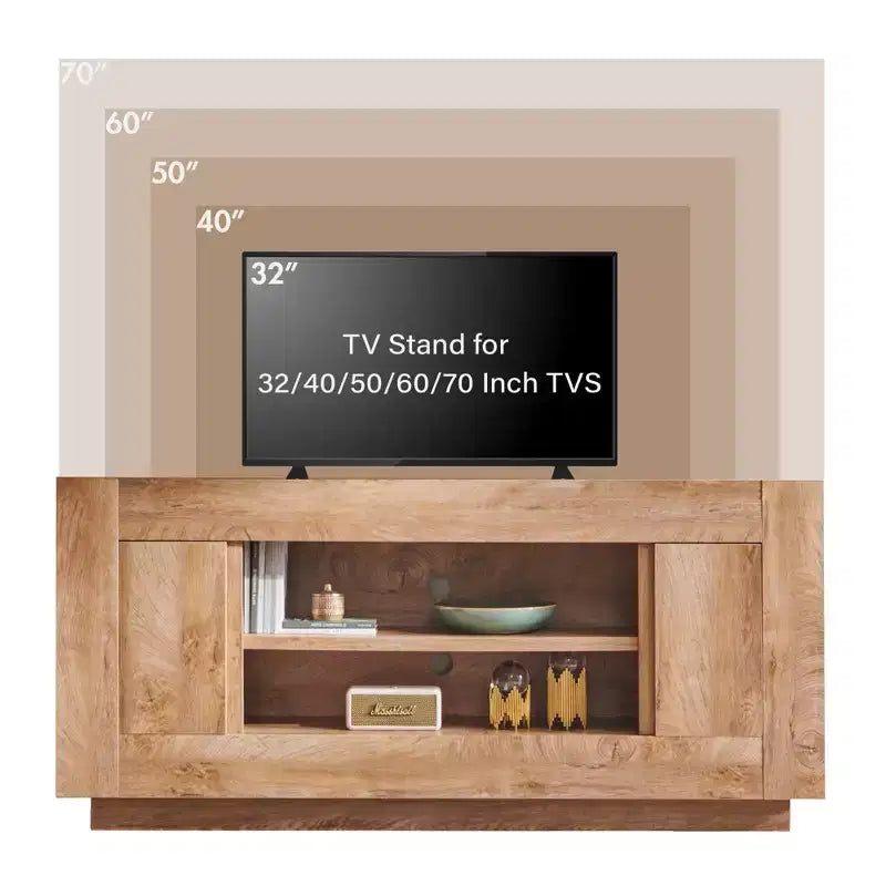 Mobile TV moderno da 70 pollici, centro di intrattenimento per TV fino a 80 pollici, console multimediale con ripiani aperti e armadietti laterali, console TV in legno spesso