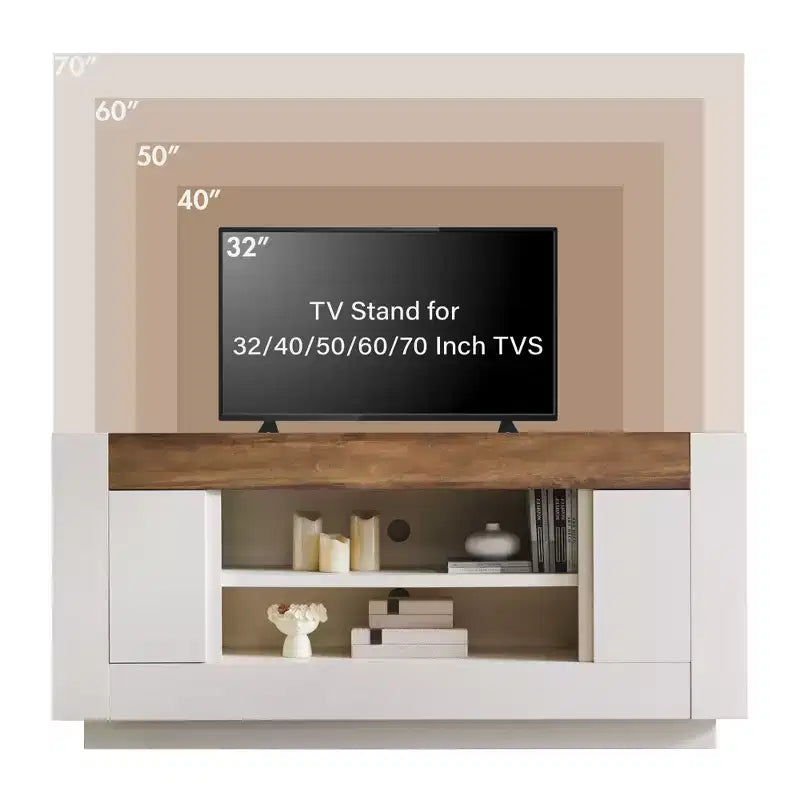 Mobile TV moderno da 70 pollici, centro di intrattenimento per TV fino a 80 pollici, console multimediale con ripiani aperti e armadietti laterali, console TV in legno spesso