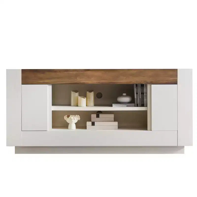 Mobile TV moderno da 70 pollici, centro di intrattenimento per TV fino a 80 pollici, console multimediale con ripiani aperti e armadietti laterali, console TV in legno spesso