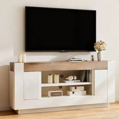 70 Modern TV Stand, Entertainment Center for TVs Up to 80, Media Console with Open Storage & Side Cabinets, Thick Wood TV Consoles