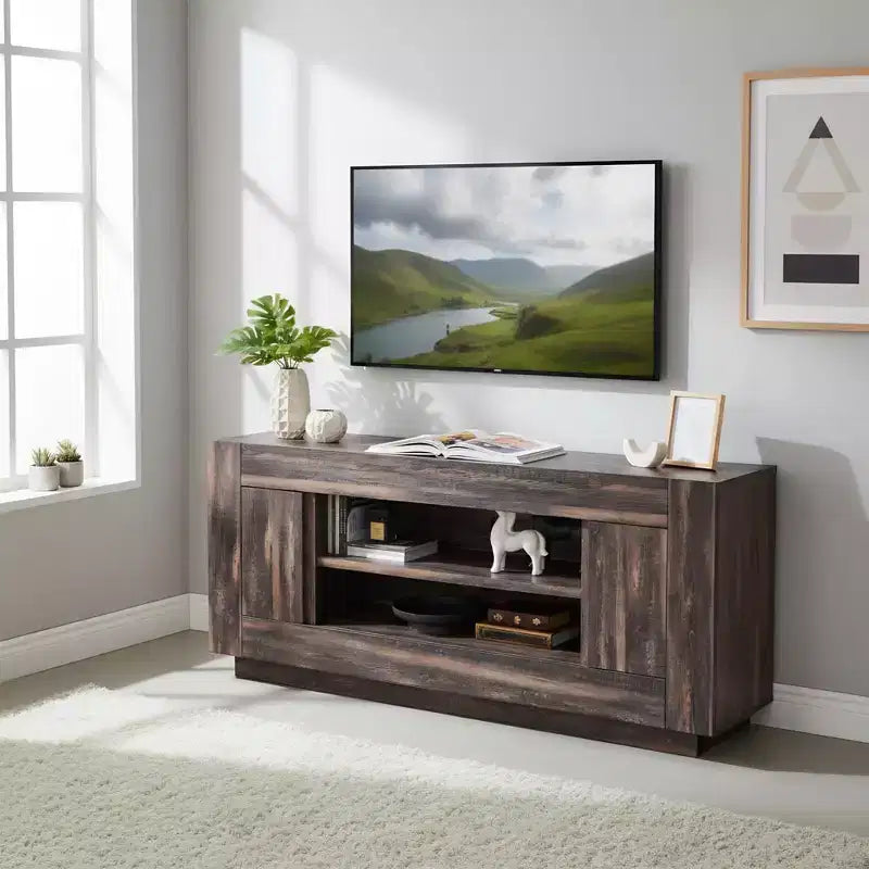 Mobile TV moderno da 70 pollici, centro di intrattenimento per TV fino a 80 pollici, console multimediale con ripiani aperti e armadietti laterali, console TV in legno spesso