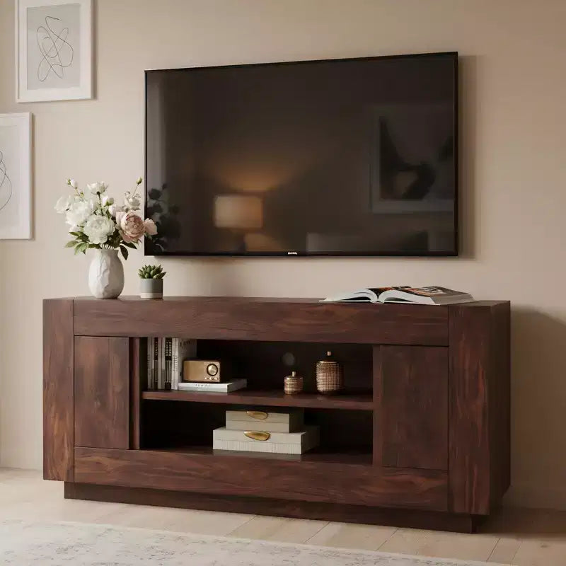 Mobile TV moderno da 70 pollici, centro di intrattenimento per TV fino a 80 pollici, console multimediale con ripiani aperti e armadietti laterali, console TV in legno spesso