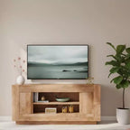 Mobile TV moderno da 70 pollici, centro di intrattenimento per TV fino a 80 pollici, console multimediale con ripiani aperti e armadietti laterali, console TV in legno spesso