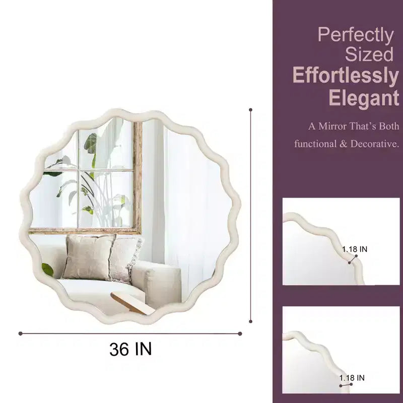 PexFix Specchio Decorativo da Parete con Cornice Rotonda Ondulata in Legno Massello, 36 Pollici, Stile Moderno Rustico per Camera da Letto, Bagno, Soggiorno, Ingresso, Bianco