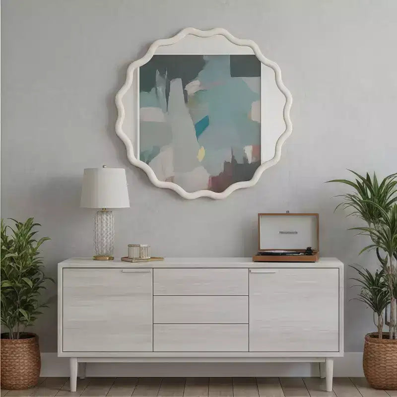 PexFix Specchio Decorativo da Parete con Cornice Rotonda Ondulata in Legno Massello, 36 Pollici, Stile Moderno Rustico per Camera da Letto, Bagno, Soggiorno, Ingresso, Bianco