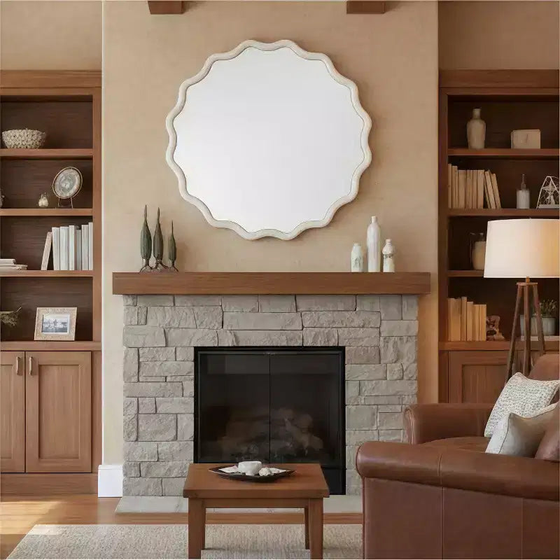 PexFix Specchio Decorativo da Parete con Cornice Rotonda Ondulata in Legno Massello, 36 Pollici, Stile Moderno Rustico per Camera da Letto, Bagno, Soggiorno, Ingresso, Bianco