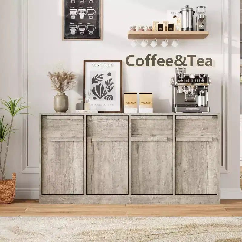 Grande armadietto da caffè da 158,5 cm con contenitore, credenza buffet con 4 cassetti e 4 ante, tavolo buffet moderno per cucina