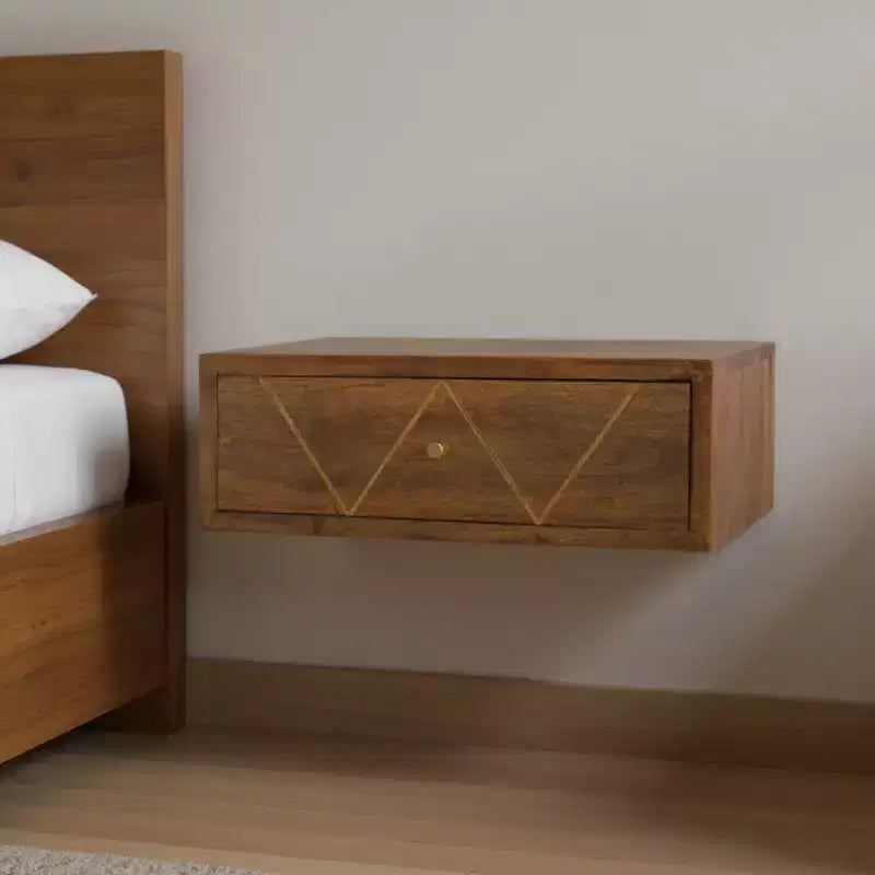 HomeRoots Comodino a muro con cassetto singolo in legno massello marrone da 18" con intarsio geometrico in ottone
