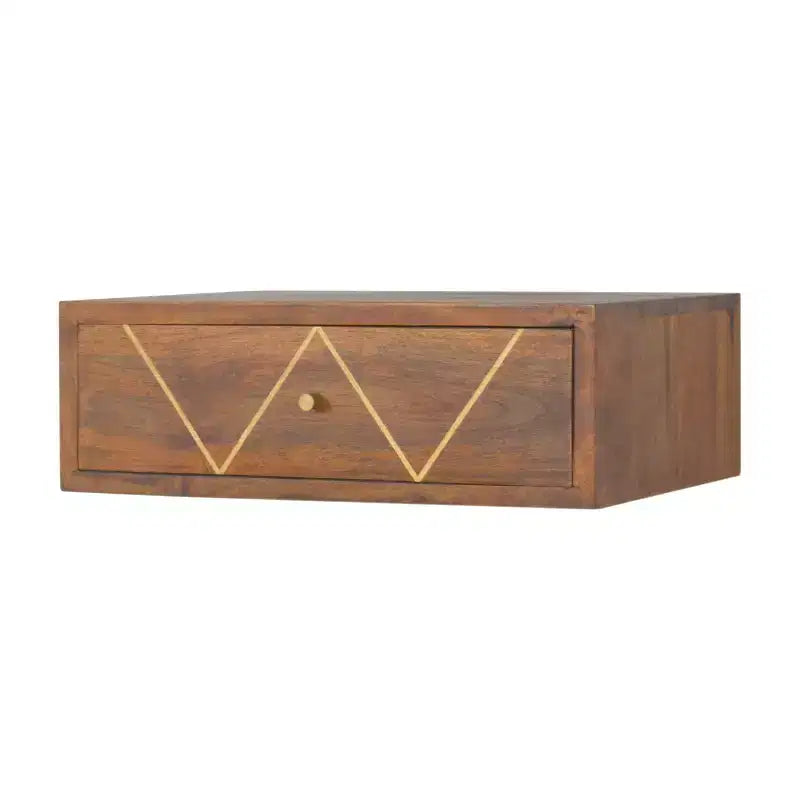HomeRoots Comodino a muro con cassetto singolo in legno massello marrone da 18" con intarsio geometrico in ottone