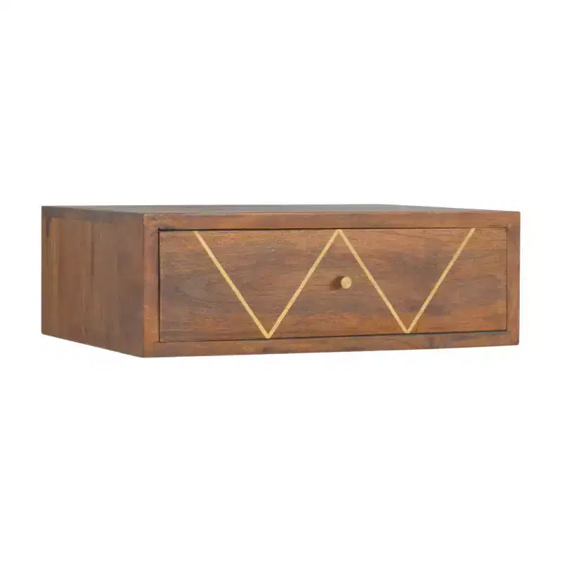 HomeRoots Comodino a muro con cassetto singolo in legno massello marrone da 18" con intarsio geometrico in ottone