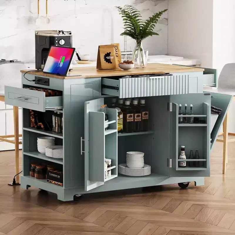 Okak, isola da cucina scanalata con armadietto per la spazzatura, organizer da piano con ripiano interno e presa di corrente, carrello da cucina a 5 ruote