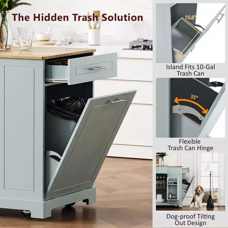 Okak, isola da cucina scanalata con armadietto per la spazzatura, organizer da piano con ripiano interno e presa di corrente, carrello da cucina a 5 ruote