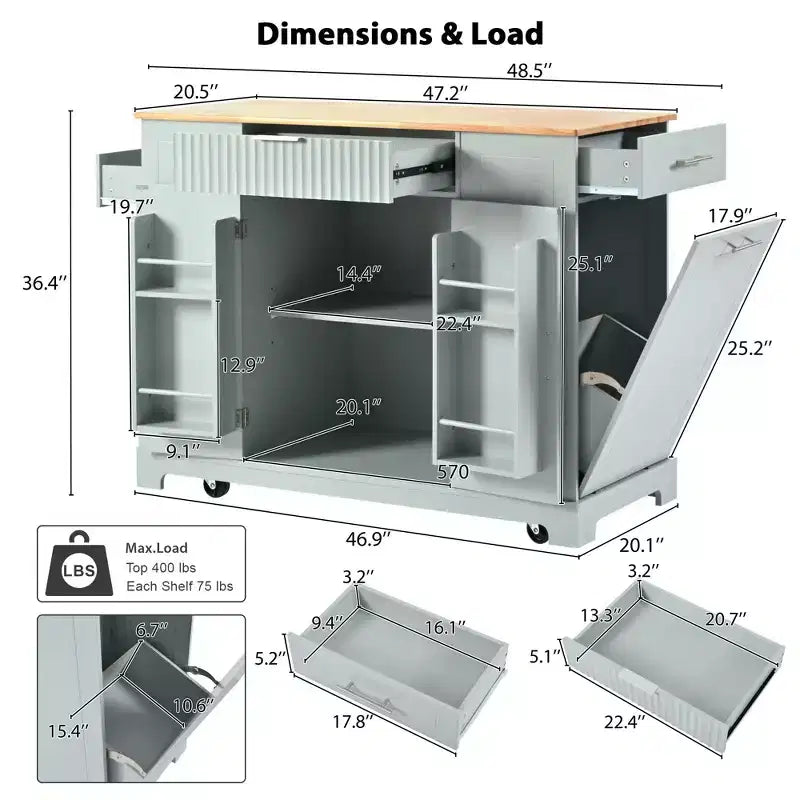 Okak, isola da cucina scanalata con armadietto per la spazzatura, organizer da piano con ripiano interno e presa di corrente, carrello da cucina a 5 ruote