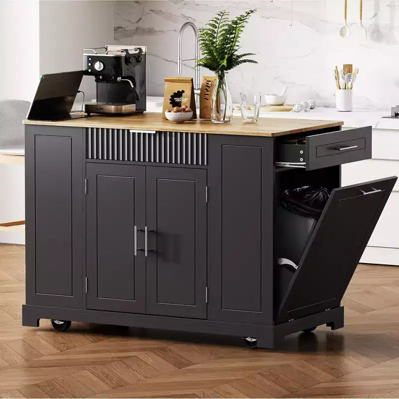 Okak, isola da cucina scanalata con armadietto per la spazzatura, organizer da piano con ripiano interno e presa di corrente, carrello da cucina a 5 ruote