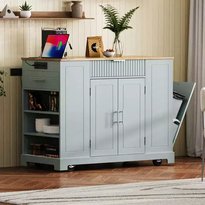 Okak, isola da cucina scanalata con armadietto per la spazzatura, organizer da piano con ripiano interno e presa di corrente, carrello da cucina a 5 ruote