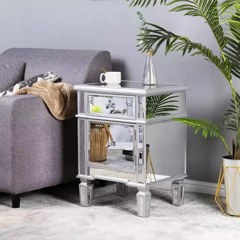 VINGLI Comodino moderno a specchio con 1 cassetto e 1 anta per camera da letto, argento