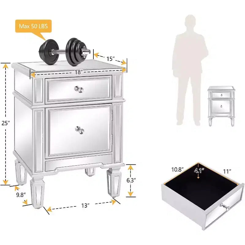 VINGLI Comodino moderno a specchio con 1 cassetto e 1 anta per camera da letto, argento