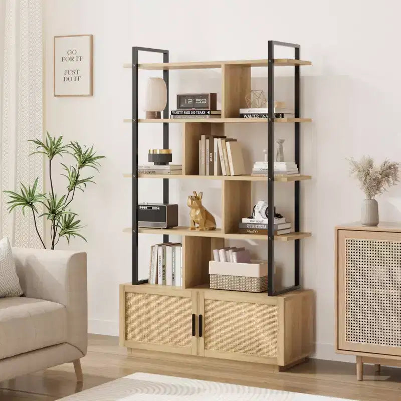 Libreria, Librerie con ripiani a vista, Scaffale industriale alto 180,6 cm con ante, Libreria con struttura in metallo per soggiorno