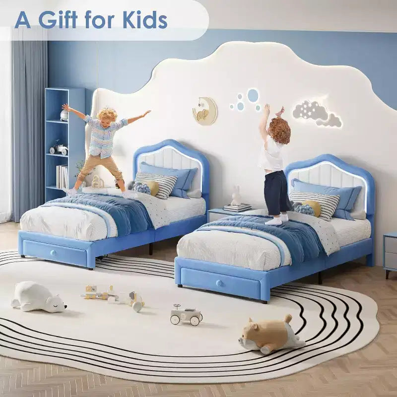 GustoWave Letto singolo imbottito con cassetto contenitore per bambini, bambine e bambini, nessuna molla a scatola necessaria