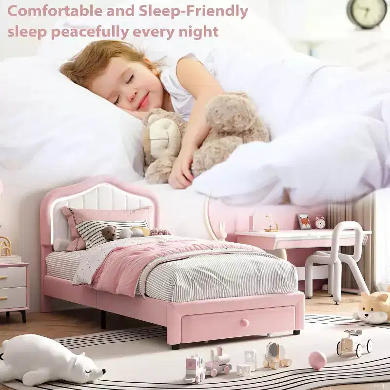 GustoWave Letto singolo imbottito con cassetto contenitore per bambini, bambine e bambini, nessuna molla a scatola necessaria