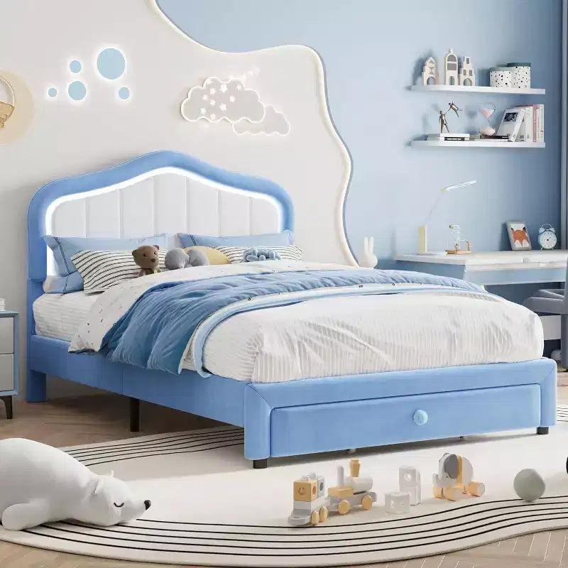 GustoWave Letto singolo imbottito con cassetto contenitore per bambini, bambine e bambini, nessuna molla a scatola necessaria