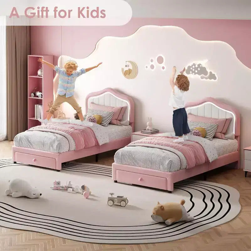 GustoWave Letto singolo imbottito con cassetto contenitore per bambini, bambine e bambini, nessuna molla a scatola necessaria
