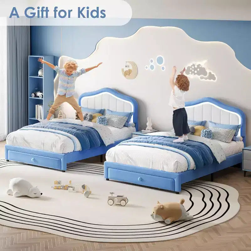 GustoWave Letto singolo imbottito con cassetto contenitore per bambini, bambine e bambini, nessuna molla a scatola necessaria