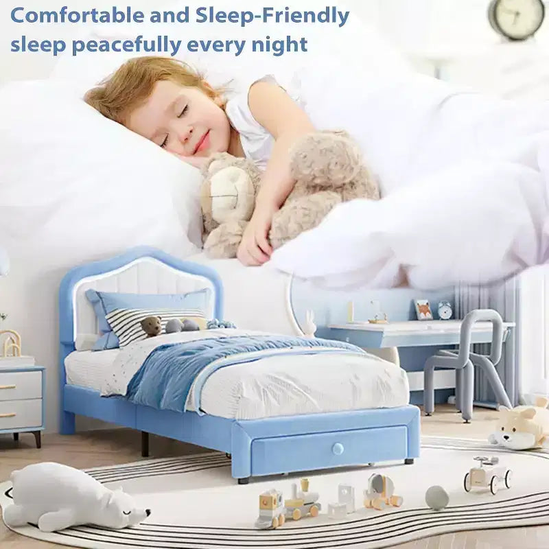 GustoWave Letto singolo imbottito con cassetto contenitore per bambini, bambine e bambini, nessuna molla a scatola necessaria