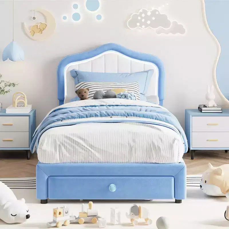 GustoWave Letto singolo imbottito con cassetto contenitore per bambini, bambine e bambini, nessuna molla a scatola necessaria