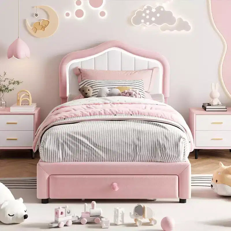 GustoWave Letto singolo imbottito con cassetto contenitore per bambini, bambine e bambini, nessuna molla a scatola necessaria
